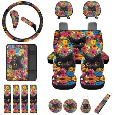 Imagem de Finagallathe Conjunto completo de 18 peças de capa de assento de carro de gato fofo hippie capa de console central + protetor de volante + capa de cinto de segurança + protetor de freio de mão +
