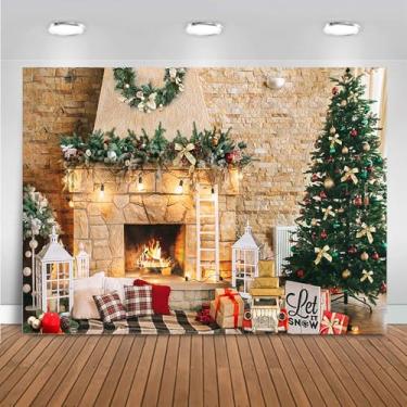 Imagem de Mocsicka Pano de fundo de lareira de Natal de 2,1 x 1,5 m para fotografia, família, decorações de lareira de Natal, decoração de fundo, decoração de inverno, Natal, interior de sessão de fotos (2,1 x