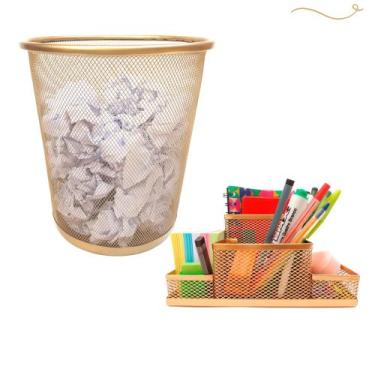 Imagem de Kit Organizador de Mesa e Lixeira Dourado Escritório, Lixeira Aramada 