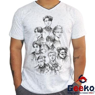 Imagem de Camiseta Ateez 100% Algodão K-pop Geeko, Branco mescla gola v, P