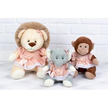 Imagem de Pelúcias Safari, Conjunto de 3, Leão, Macaco e Elefante, com Vestidos (SALMÃO)