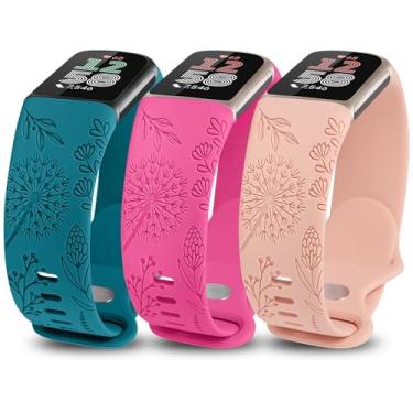 Imagem de Minyee Pacote com 3 pulseiras femininas, com gravação floral, compatível com Fitbit Charge 6/5, pulseira esportiva de verão de silicone macio e flor de dente-de-leão para Charge 6/5, rosa, rosa choque