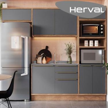 Imagem de Cozinha Modulada Compacta, 4 Peças 100% Mdf, Édez Uno, Grafite e Louro Freijó