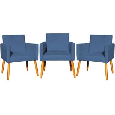 Imagem de Kit 3 Poltronas Decorativas Para Sala Nina Cadeiras Reforçadas Para Recepção Manicure Para Sala De Espera Consultório Escritório Suede Cores Pé Castanho (Azul-marinho)
