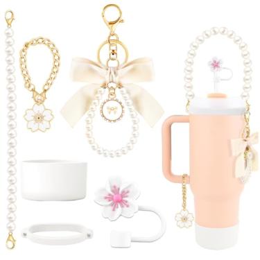 Imagem de ZLFSRQ Conjunto de 6 peças de acessórios para Stanley Cup 30 e 1,134 g acessórios de pingente de cereja personalizada tampa de palha para decoração de copo Stanley para garrafa de água alça de bota