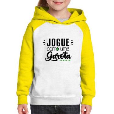 Imagem de Moletom Infantil Jogue como uma garota - Foca na Moda, Branco, Amarelo