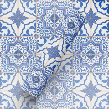 Imagem de Papel de Parede Adesivo Azul Retrô Azulejo para Cozinha - BAZAR DOS QU