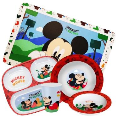 Imagem de Kit Refeição Infantil Mickey Mouse Disney 5 Peças Melamina Pratos, Tigela, Copo e Lugar Americano - Tuut