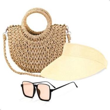Imagem de Kit Bolsa Palha Feminina+Viseira Moda Verão e Oculos De Sol-Feminino