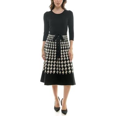 Imagem de Maison Tara Suéter feminino de manga 3/4 lisa midi com saia Houndstooth, Areia preta, P