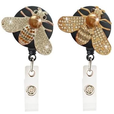 Imagem de Pacote com 2 carretéis retráteis de crachá de identificação Bling Bee com clipe, cordão retrátil de 61 cm, porta-cartões de nome para trabalhadoras de escritório, médicas, meninas e mulheres