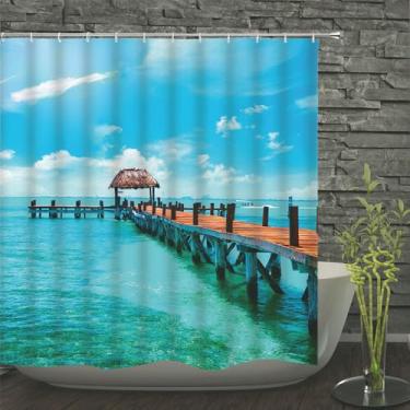 Imagem de Cortinas de chuveiro à prova d'água estampadas com conchas do mar e ondas do mar, cortina de banho, tela de banho de poliéster com 12 ganchos, JWW224, 180 * 240 cm