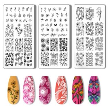 Imagem de PH PandaHall 3 peças de placa de estampagem de folhas de flor, estêncis, ponta de carimbo, ferramenta de impressão de aço inoxidável, placas de imagem para design de arte de unhas, salão de manicure