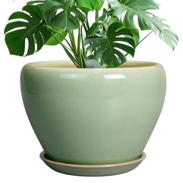 Imagem de Ceramicfor Vaso de cerâmica - Vaso de 25 cm para plantas de interior, vaso decorativo com orifício de drenagem e pires, vaso grande para plantas ao ar livre, vaso de flores redondo para jardim, verde