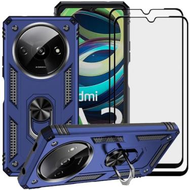 Imagem de LosruGir Capa para Xiaomi Redmi A3 com película protetora de tela de vidro [2 unidades], capa protetora protetora híbrida de camada dupla resistente à prova de arranhões à prova de choque, azul