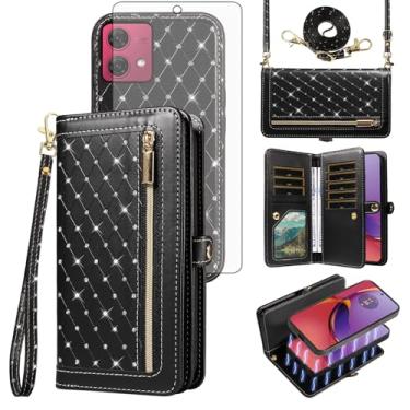 Imagem de Asuwish Capa de celular para Motorola Moto G84 5G com zíper carteira magnética destacável com protetor de tela de vidro temperado, alça transversal, suporte para cartão de crédito flip brilhante G 84