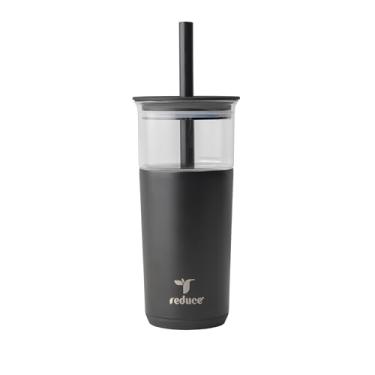 Imagem de REDUCE Copo de vidro isolado a vácuo Aspen de 590 ml com tampa e canudo extra largo - mantém as bebidas frias por 12 horas - ideal para café gelado, vitaminas e boba - seguro para lava-louças, base