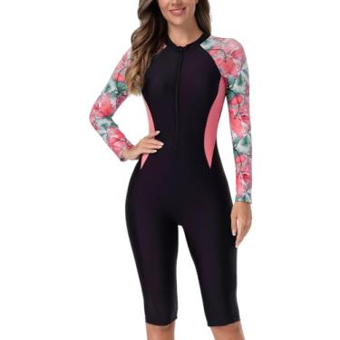 Imagem de Traje de banho feminino fino com zíper roupa de mergulho de secagem rápida roupa de mergulho elástica para esqui aquático competição de natação rosa D XXL