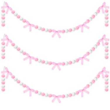 Imagem de ZhowHoHo Peças 8,2 Pés Faixa De Feltro De Laço Rosa Faixa De Feltro De Cetim Rosa Coquete Aniversário Pompom Bola Guirlanda Arco Festa Banner Pompom Pendurado Guirlanda Para Noiva Chá De Bebê Coquet