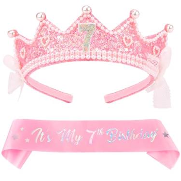 Imagem de Chanaco Decoração de aniversário de 7 anos, coroa de aniversário de pérola para meninas de 7 anos, faixa e tiara de 7 anos, roupa de cabeça de coração com glitter rosa, acessórios de cabelo, laço fofo
