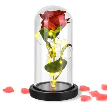 Imagem de ATOMUS Flor artificial rosa, lâmpada de flor rosa em cúpula de vidro com luz de LED, flores de rosas eternas, presente para mulheres, mãe, esposa, amante, filha, casamento, aniversário de aniversário