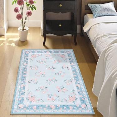 Imagem de LIVEBOX Tapete lavável 5 x 7 – Tapete de entrada interna Boho de pelo baixo para entrada da porta da frente, tapete floral francês campestre tapete tapete antiderrapante, azul claro