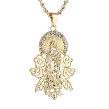 Imagem de HZMAN Colar com pingente de Virgem Maria banhado a ouro 14K para mulheres, retrô, cristã, Nossa Senhora de Guadalupe, joia de proteção para presente, Latão, Zircônia cúbica