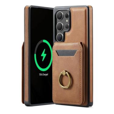 Imagem de HJZSZX Capa magnética de couro com carregamento sem fio para Samsung S24 Plus Ring Phone Case (para Samsung S24 Plus/marrom)