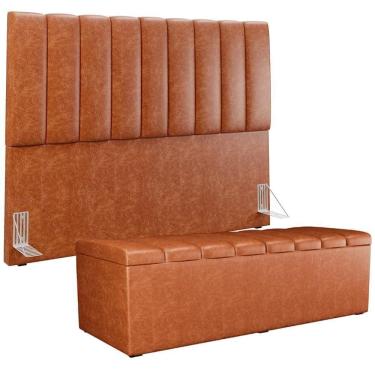 Imagem de Kit Cabeceira Cama Box Casal King 195cm Com Calçadeira Baú Dália W01 Couríssimo Camel - Lyam