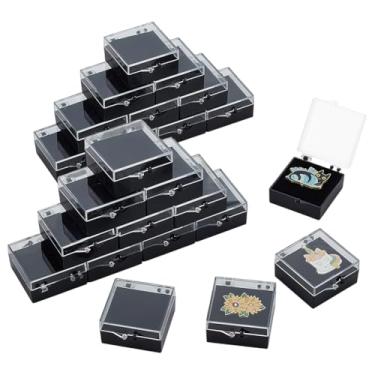 Imagem de FINGERINSPIRE 24 conjuntos de caixa de presente de plástico para alfinetes com interior de veludo 4,4 x 5 x 2,2 cm, tampa transparente retangular com base preta, caixas de embalagem para crachá