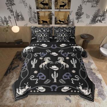 Imagem de Manfei Conjunto de cama ocidental em uma bolsa, 7 peças, conjunto de cama rústico cowboy ferradura tribal estrela do Texas, conjunto de cama retrô com corda de fazenda, cavalos, cacto, edredom preto