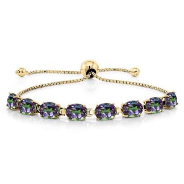 Imagem de Gem Stone King Pulseira feminina de prata banhada a ouro amarelo 18 K 7 x 5 mm com pedra preciosa oval de 8 pedras | Pulseira Bollo | Totalmente ajustável até 22 cm | Fácil de colocar e tirar, One