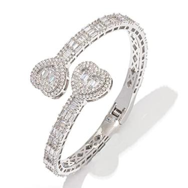Imagem de Pulseira de diamante baguete gelado para mulheres, Hip Hop masculino 14 k pulseira de zircônia cúbica banhada a ouro prata, pulseira de punho coração feminino com caixa de joias, 8inch, Cobre, Zircônia cúbica