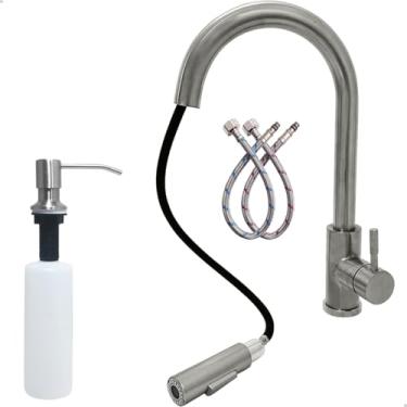 Imagem de Dona D Cor, Torneira Pia Cozinha Escovada E Dispenser Dosador Detergente 500ml Kit Cozinha Inox 304 Porta Detergente De Embutir Gourmet Monocomando Misturador