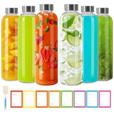 Imagem de TOEKSIX Garrafas de água de vidro transparente de 740 ml com tampas à prova de vazamento, pacote com 6, garrafa de vidro de 740 ml para sucos, garrafas de água reutilizáveis com tampas herméticas de
