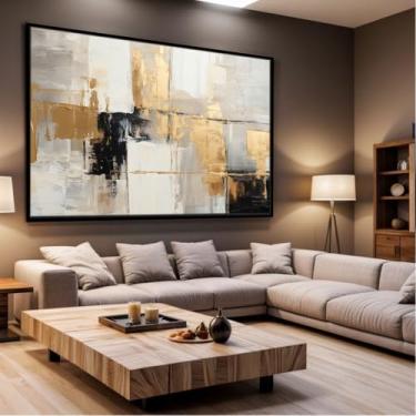 Imagem de Quadro Decorativo com Moldura Sala 130x90 Arte Abstrato Preto Cinza Dourado Textura Luxo Grande Horizontal