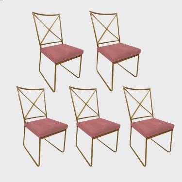 Imagem de Kit 05 Cadeiras Sala de Jantar Escritório Office Clark Industrial Ferro Dourado Suede Rose Gold - Ahz Móveis