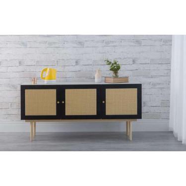 Imagem de Balcão Buffet Pés Palito Madeira 3 Portas Mdf E Palhinha Estilo Retrô 