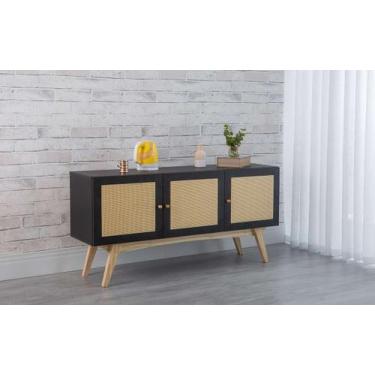 Imagem de Balcão Buffet Para Sala De Jantar Mdf Preto Pés Taeda 3 Portas Pretas 