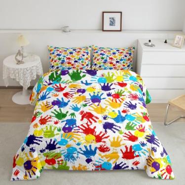 Imagem de Feelyou Jogo de cama fofo com estampa à mão, para crianças, meninos, meninas, aquarela, arco-íris, tamanho casal, moderno, com formas coloridas à mão, decoração abstrata