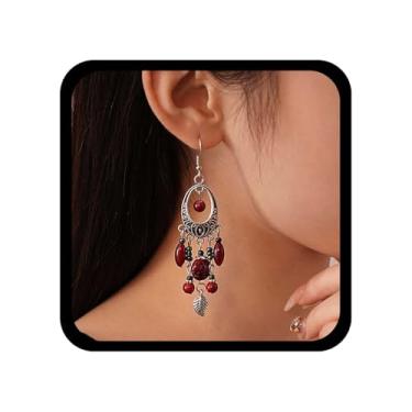 Imagem de Xduargs Brincos de pingente de lustre de contas vermelhas boho prata oco oval brinco vintage tribal oval gota brinco longo borla folha gancho brincos joias para mulheres, Zinco, Sem pedra preciosa