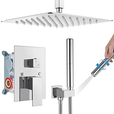 Imagem de Conjunto de torneira de chuveiro cromado polido para montagem no teto, 30,5 cm, sistema de chuveiro de chuva para banheiro, sistema de chuveiro de aço inoxidável SUS304, kit de acabamento de chuveiro manual cilíndrico 2 em 1 com válvula embutida
