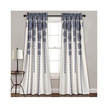 Imagem de Lush Decor Cortinas de medalhão listrado, tecido mandala boêmia damasco estampado, conjunto de painel de janela escurecendo para sala de estar, jantar, quarto (par), 213 cm C x 132 cm L, azul marinho