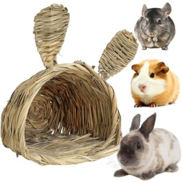 Imagem de Copfeu Brinquedos de mastigar Bunny Grass House – Cabana de esconderijo de coelho, esconderijo de animais pequenos, roupa de cama natural tecida à mão para porquinho-da-índia, hamster, chinchila