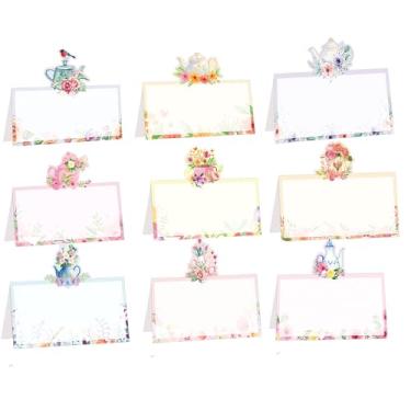 Imagem de Cartão de assento temático para festa de chá, 45 peças, cartões de chá florais estilo barraca temática de bule de chá, etiquetas de nome, porta-flores, cartões de lugares para festas de chá