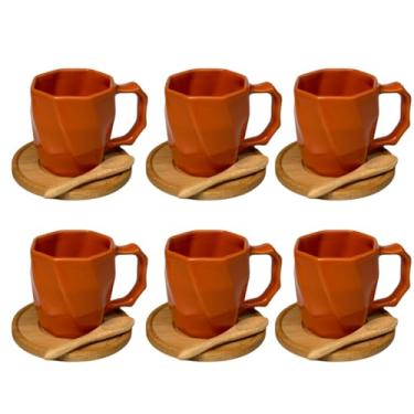 Imagem de Kit 6 Canecas de Cerâmica 120ml com Colheres e Pires de Bambu – Design Minimalista, Ideal para Café e Presentes - E-FCS Store (Laranja)