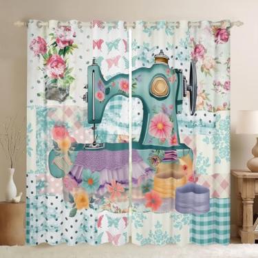 Imagem de Cortina de janela com tema de costura, cortinas xadrez com estampa floral colorida para decoração de quarto de crianças, meninas, meninos e mulheres, cortina de tratamento de janela para amantes de