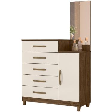 Imagem de Comoda 5 Gavetas E 1 Porta Com Espelho 9373 Castanho Wood Off White Moval Castanho Wood Off White