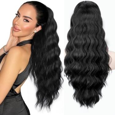 Imagem de NOSTALGIA Extensão De Rabo Cavalo Preto 26" Longo Cacheado Ondulado Com Cordão Rabos Cabelo Sintético Apliques Para Mulheres Uso Diário