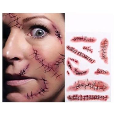 Imagem de Gibaniza Tinuos Horror Realista Falso Sangrento Ferida Ponto Cicatriz Crosta Adesivo Tatuagem Temporária À Prova D'Água Halloween Masquerade Maquiagem Adereços - 5 Peças
